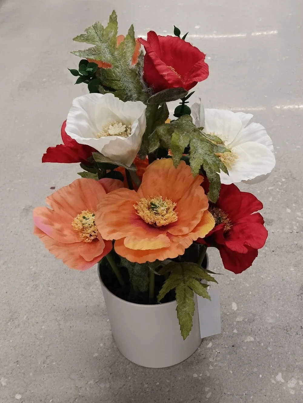 Artificial Poppy Floral Arrangement in White Vase - Orange, Red & White